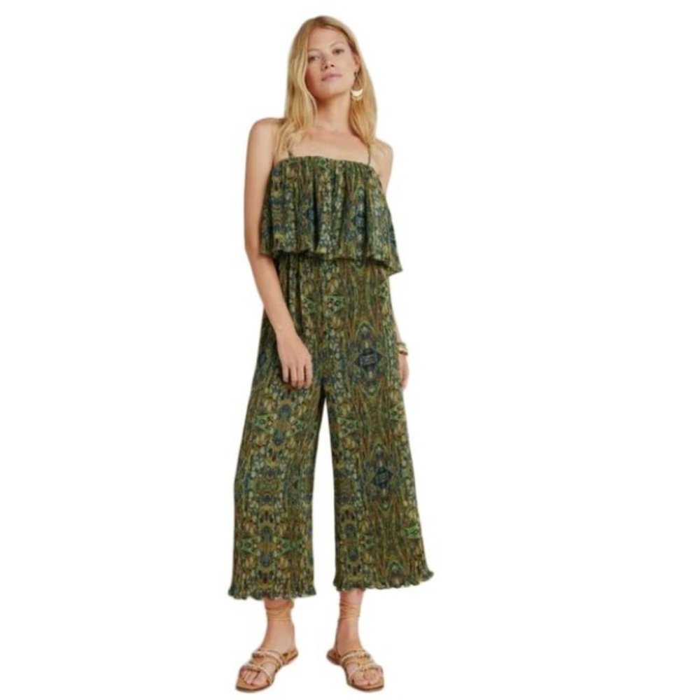 NWOT Anthropologie Suzanne Pleated Green Wide-leg Jumpsuit M Retro